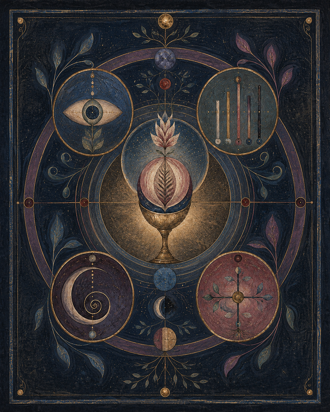 A nocturnal hand-painted mystical field with a luminous golden vessel, surrounded by an eye, measured bars, a spiral, and a branching cross.