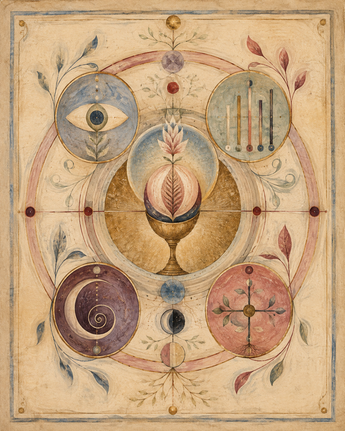 A hand-painted mystical field with a golden vessel at the centre, surrounded by an eye, measured bars, a spiral, and a branching cross.
