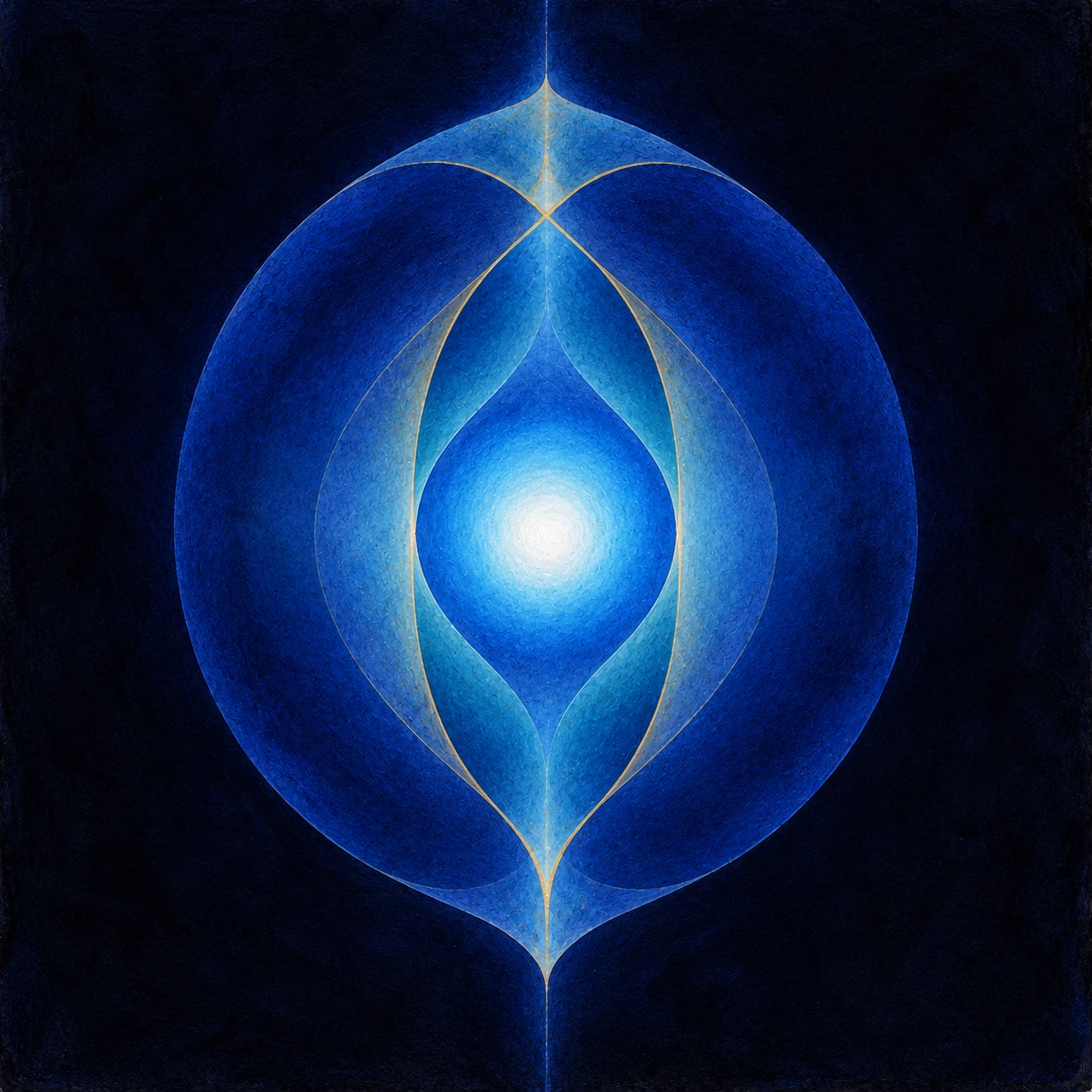 A hand-painted indigo field holding a symmetrical blue vessel of nested curves around one radiant white-blue centre.