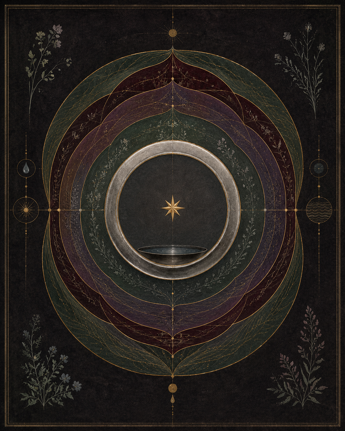 A luminous silver mirror, gold star, and dark water vessel held within five botanical fields on deep plum-black paper.