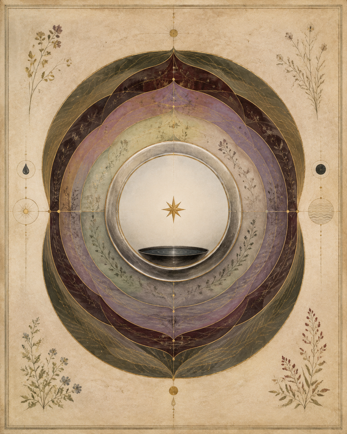 A silver circular mirror holding a gold eight-pointed star above a dark water vessel, surrounded by five painted botanical fields.