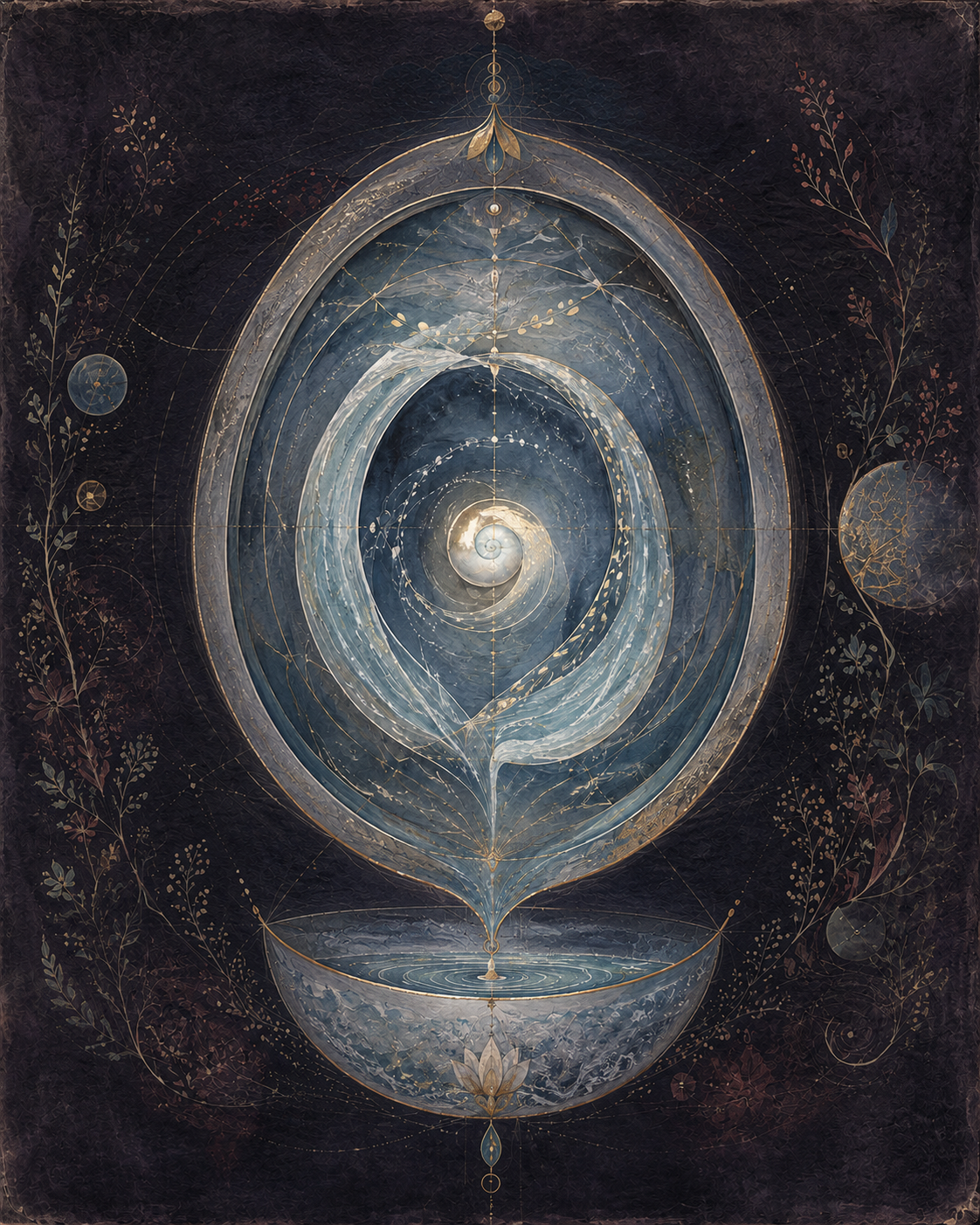 A moonlit blue water vessel and pearl spiral glowing above a silver bowl on deep plum-black paper.
