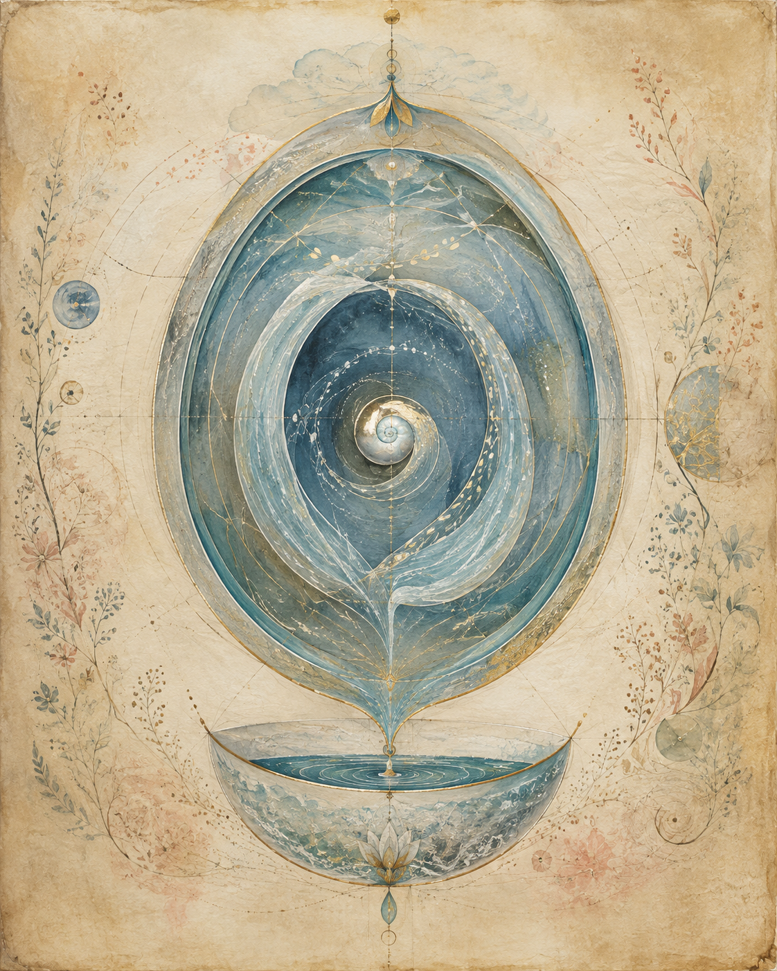 An illuminated blue ovoid water vessel holding a pearl spiral, flowing into a silver bowl among delicate botanical markings.