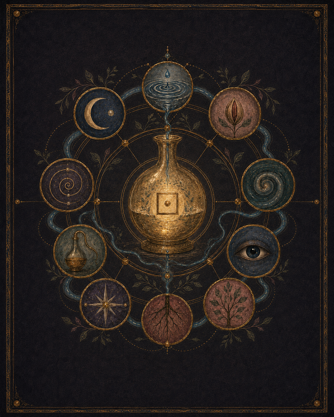 An illuminated vessel and symbolic constellation on a dark plum field