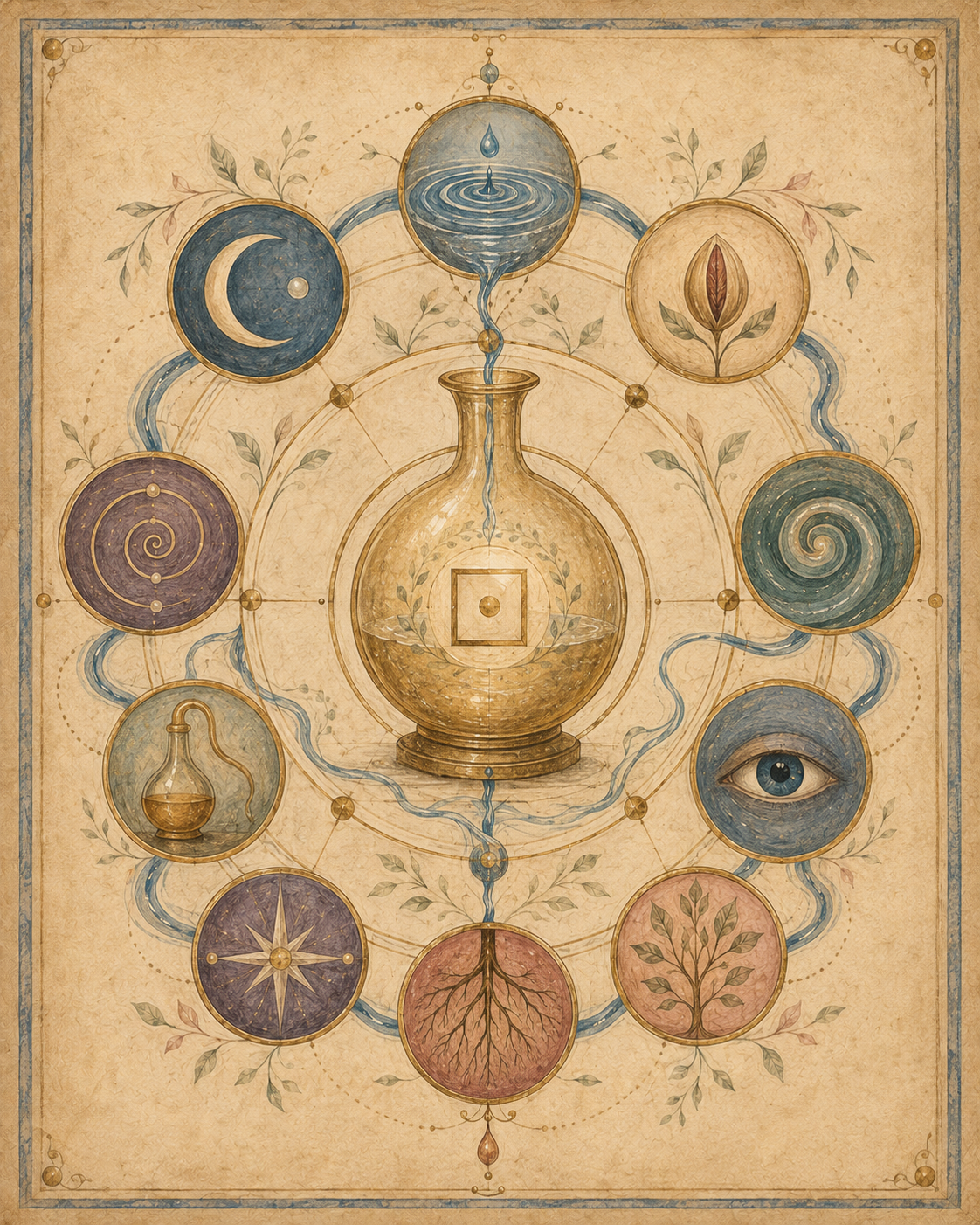 An illuminated vessel surrounded by nine symbols joined by flowing blue water