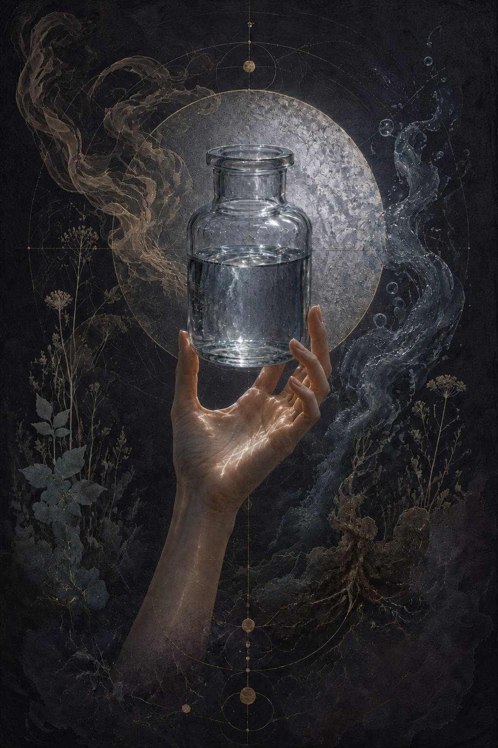 The same raised jar before a pearl-silver disc on deep plum-black paper, the gold and blue currents lit against the dark ground.