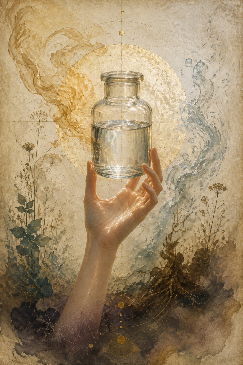 A hand raises a clear glass jar of water before a gold disc, a warm gold current to the left and a pale silver-blue water current to the right, above dried botanicals and dark rooted earth on aged paper.