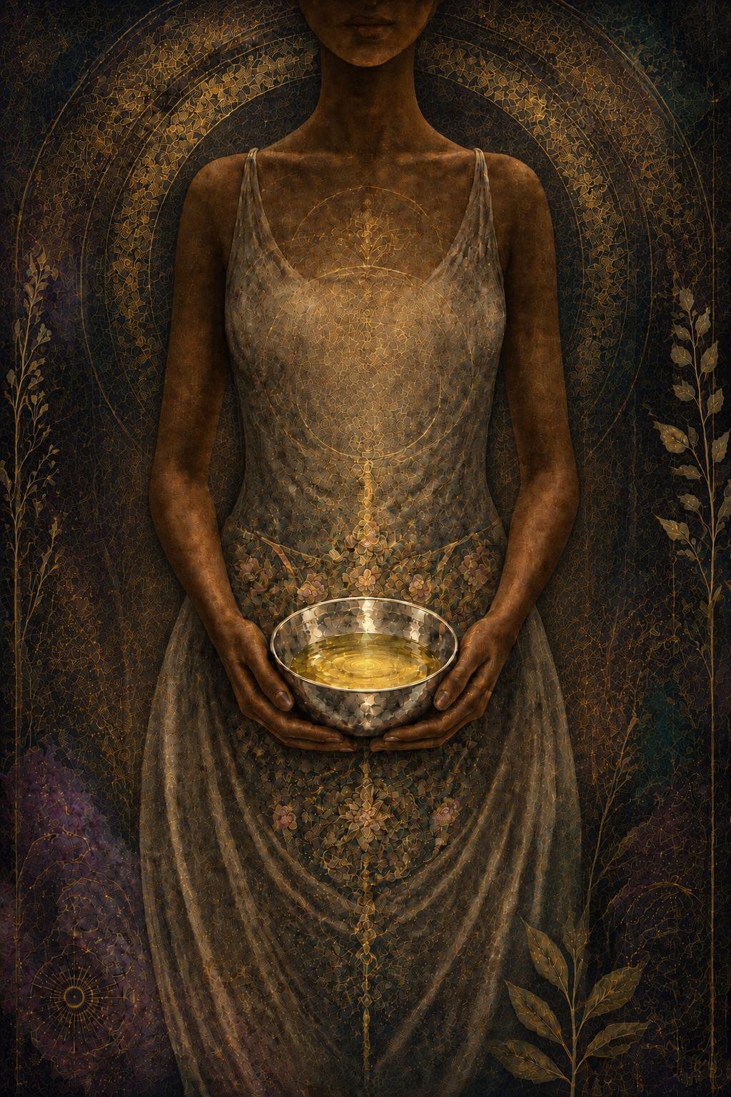 The same figure and silver bowl of gold liquid on a deep plum and gold ground, the filigree arch and botanical borders lit like worked metal.