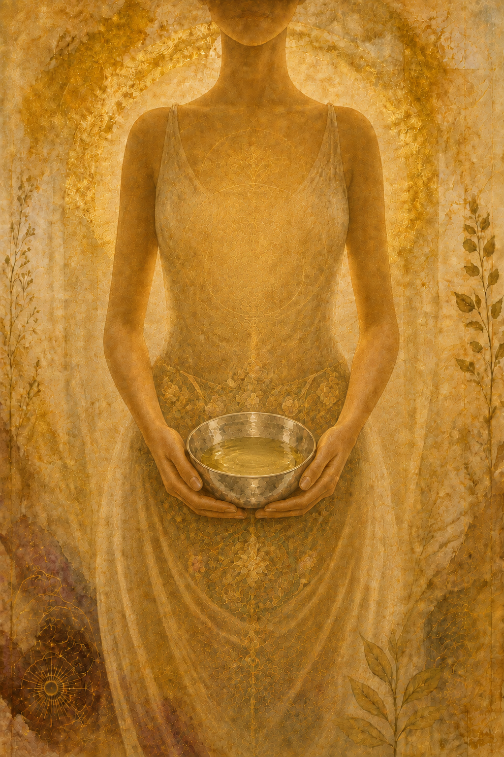 A woman in a translucent pale dress with flower embroidery across the womb holds a hammered silver bowl of calm lemon-gold liquid at her belly, framed by a filigree arch and botanical borders.