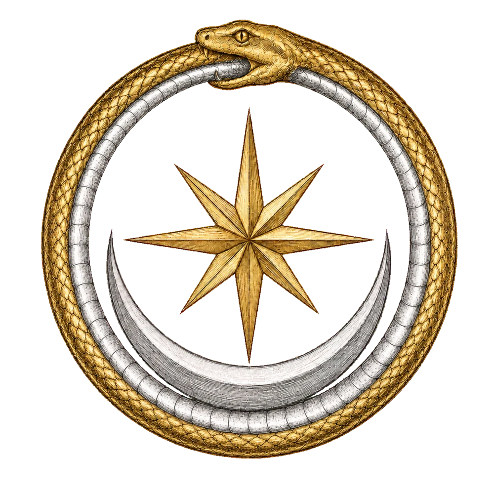Gold-and-silver ouroboros encircling a balanced crescent moon and eight-pointed star