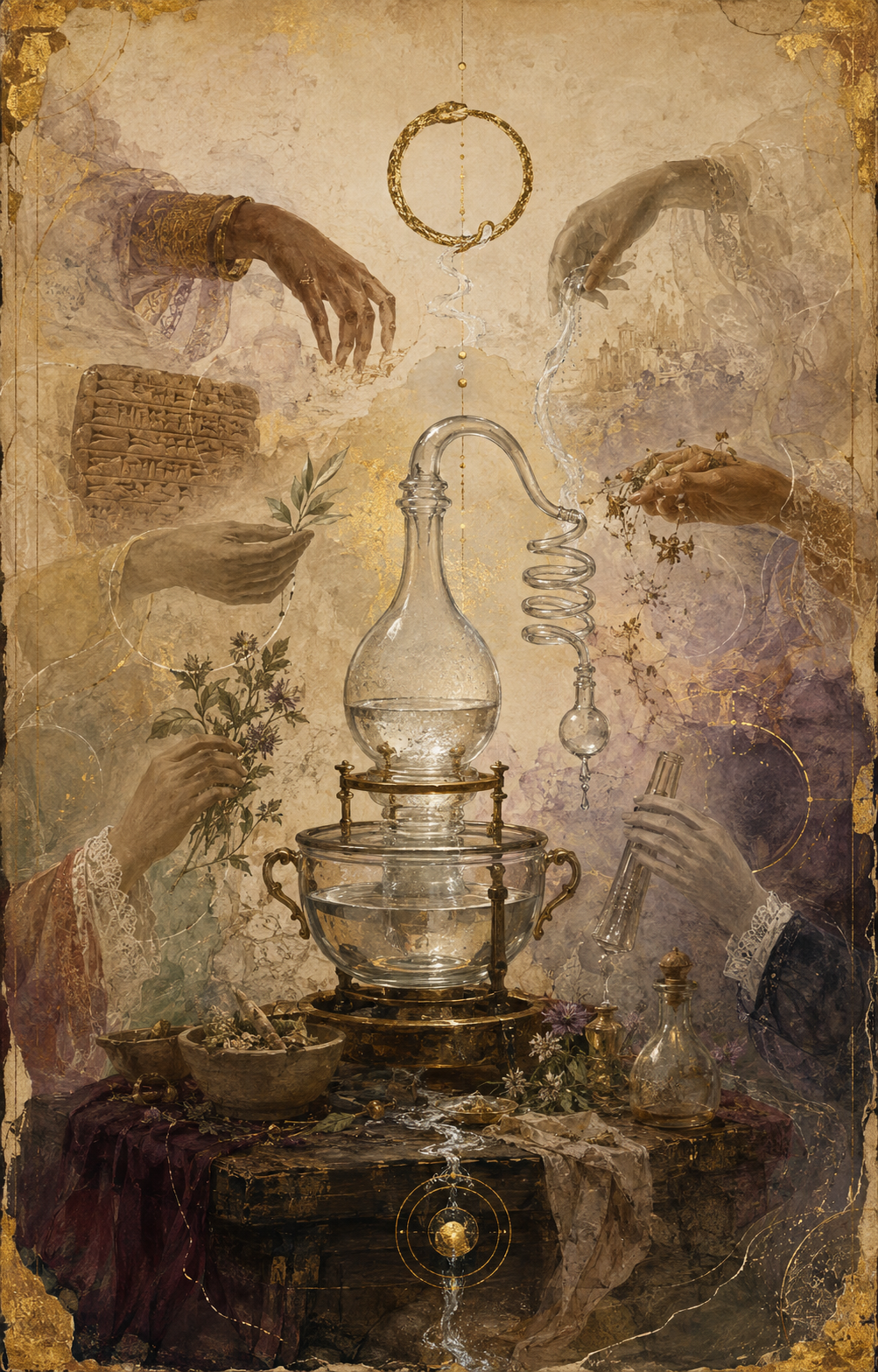 Women’s hands surround a glass distillation vessel with herbs, water, clay tablets, and an ouroboros on a gold-flecked parchment field.